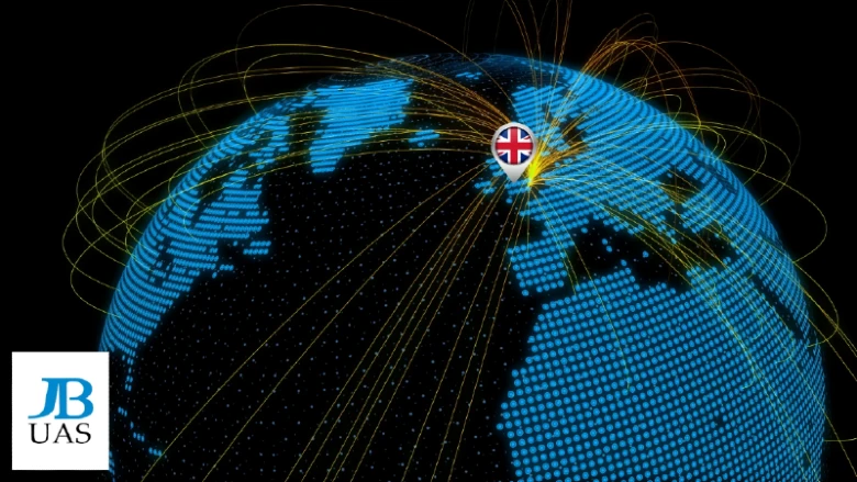 JB-UAS-Location Digital world map displaying global export connections from the United Kingdom.
