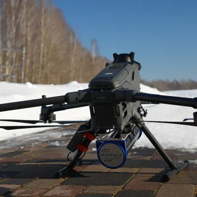 Medusa Radiometrics MS‑700 gamma-ray detector mounted on DJI Matrice UAV for aerial radiation survey and environmental monitoring