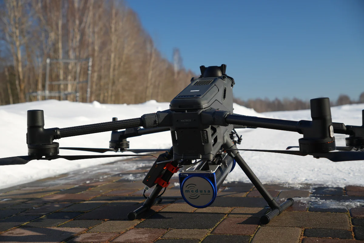 Medusa Radiometrics MS‑700 gamma-ray detector mounted on DJI Matrice UAV for aerial radiation survey and environmental monitoring