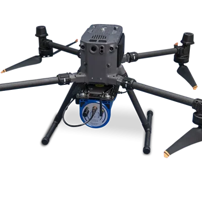 Medusa Radiometrics MS‑350 gamma-ray detector mounted on UAV for aerial radiation survey and environmental monitoring applications