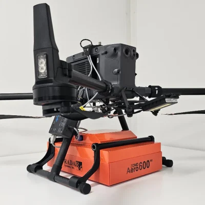The Radar Systems Zond Aero 600 drone ground penetrating radar mounted beneath a UAV for airborne geophysical surveying.