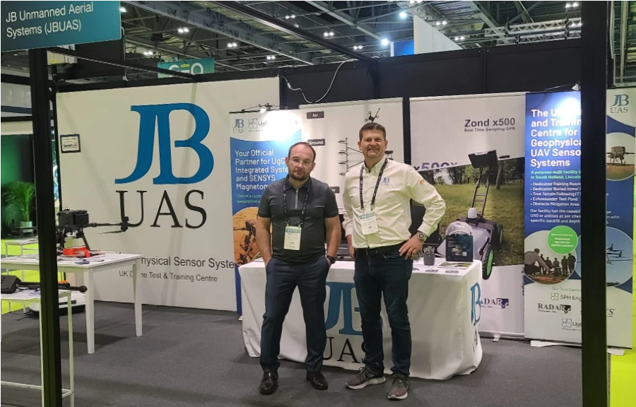 JBUAS exhibition stand showcasing UAV geophysical systems and sensor technology.